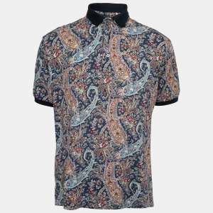 Etro Navy Blue Paisley Printed Cotton Polo T-Shirt XL
