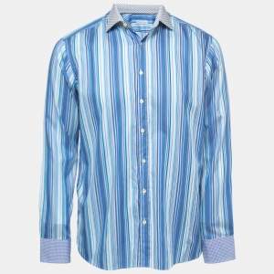 Etro Blue Striped Cotton Contrast Collar & Cuff Full Sleeve Shirt L
