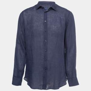 Etro Navy Blue Linen Full Sleeve Shirt XL