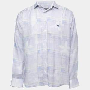 Pre Owned Etro Blue Printed Linen Button Front Shirt L