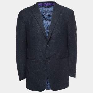 مملوكة مسبقًا Etro Navy Blue Patterned Wool Blend Single Breasted Blazer L