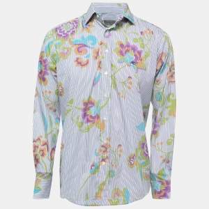 Etro Blue Floral Striped Printed Cotton Button Front Shirt L