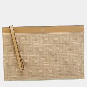 Pre Owned Fendi Medium Beige FF Jacquard Canvas Flat Pouch
