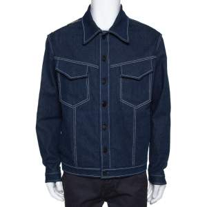 Fendi Navy Blue Denim & Latex Embossed Logo Detail Jacket L