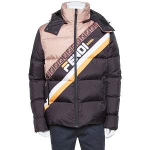 Fendi Black Synthetic Logo Printed Hoodie Puffer Jacket XL