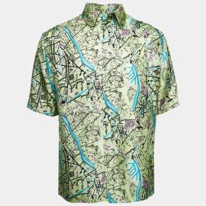 Fendi Green Map Print Silk Twill Short Sleeve Shirt L