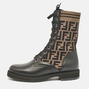 Fendi Black/Brown Fabric and Leather Rockoko Combat Boots Size 41