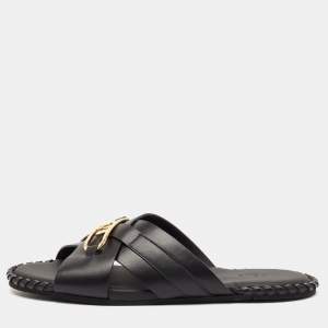 Fendi Black Leather O'Lock Flat Slides Size 41