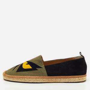 Pre Owned Fendi Black/Green Suede and Canvas Bag Bugs Monster Espadrille Flats Size 45