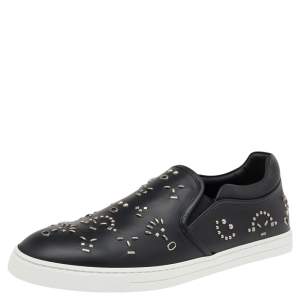 Fendi Black Leather Studded Slip On Sneakers Size 42.5