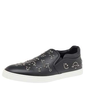 Fendi Black Leather Studded Slip On Sneakers Size 45