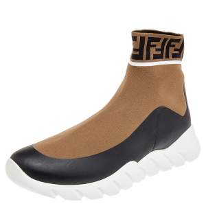 Fendi Brown/Beige FF Knit Fabric Sock Sneakers Size 45