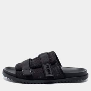Fendi Black Canvas Strapped  Embossed FF Logo Slide Size 45 