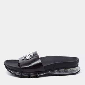 Fendi Black Leather Logo Embossed Flat Slides Size 42