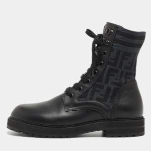 Fendi Black Leather and FF Fabric Ankle Boot Size 42