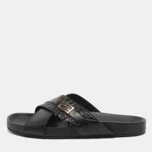 Fendi Black Crocodile and Leather Flat Slides Size 44