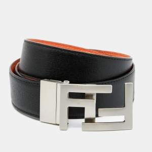Fendi Black/Orange Leather FF Logo Buckle Reversible Belt 90CM