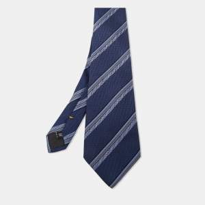 Fendi Navy Blue FF Diagonal Striped Silk Tie