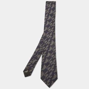 Fendi Navy Blue Patterned Silk Skinny Tie