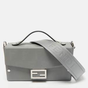 Fendi Grey FF Embossed Leather Soft Trunk Baguette Bag