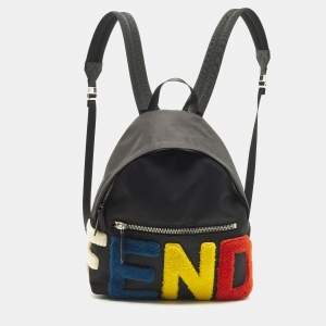 Pre Owned Fendi Logo Multicolor Shearling Fur and Nylon Backpack
