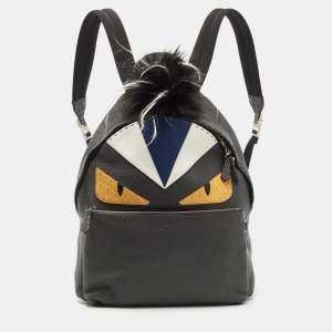 Fendi Grey/Black Selleria Leather and Fur Monster Eyes Backpack
