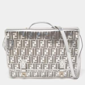 Fendi Silver Perforated FF Mirror Leather Briefcase Bag