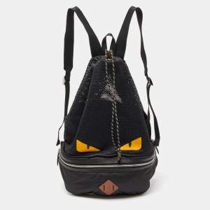 Fendi Black Nylon,Knit Fabric and Leather Mono Eye Bug Backpack