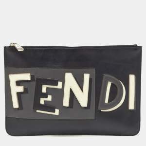 Fendi Black Leather Vocabulary 3D Logo Zip Pouch