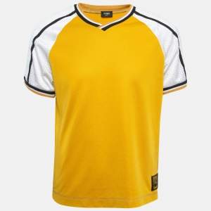 Fendi Yellow Mesh Trim Jersey V-Neck Half Sleeve T-Shirt S