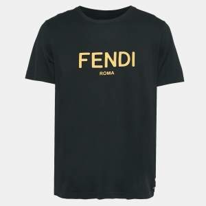 Fendi Black Cotton Logo Leather Applique Jersey T-Shirt XL