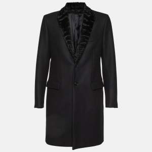 Fendi Black Wool Fur Collar Long Coat XXL