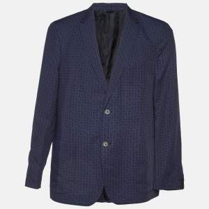Fendi Blue Zucca Print Linen Blend Single Breasted Blazer XXL