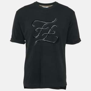 Fendi Black FF Karligraphy Embroidered Jersey Crew Neck T-Shirt L