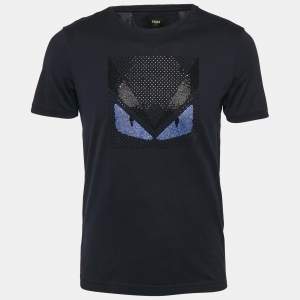 Fendi Navy Blue Crystal Monster Eyes Embellished Cotton T-Shirt M