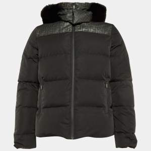 Fendi Black Zucca Print Synthetic Detachable Fur Hooded Down Jacket M