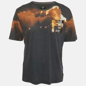Fendi Midnight Blue Printed Cotton Zucca Applique Detail Crew Neck T-Shirt L