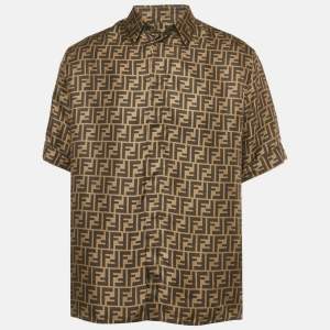 Pre Owned Fendi Brown Zucca Monogram Print Silk Button Front Shirt L