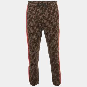 Pre Owned Fendi Brown Zucca Monogram Cotton Multicolor Stripe Detail Joggers M