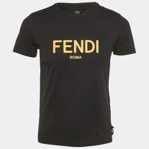 Pre Owned Fendi Black Leather Logo Applique Jersey Crew Neck T-Shirt S