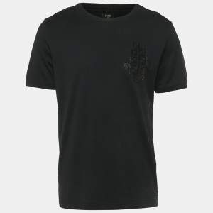 Pre Owned Fendi Black FF Rhinestone Applique Jersey T-Shirt XXL