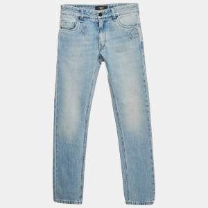 Pre Owned بنطلون جينز فيندي دنيم أزرق زوكا مزين ملصق مقاس ضيق صغير / خصر 29 بوصة