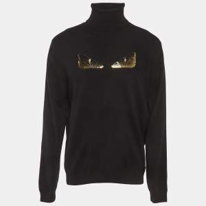 مملوكة مسبقًا بلوفر فندي تريكو كشمير أسود بعيون وحش مطرزات المقاس الكبير جدًا