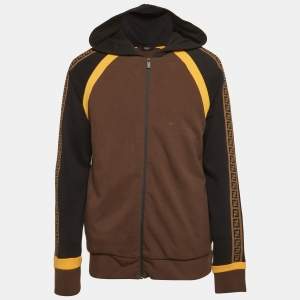 مملوكة مسبقًا Fendi Black Knit Logo Tape Detail Hooded Jacket L