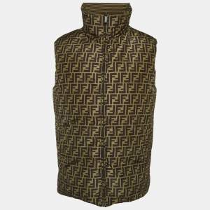 Pre Owned Fendi Black/Brown Zucca Print Synthetic Reversible Down Padded Vest M