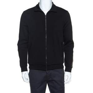 Fendi Black Knit Sleeve Logo Tape Detail Zip Front Jacket M
