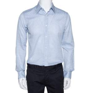 Fendi White & Blue Textured Stripe Cotton Long Sleeve Shirt M