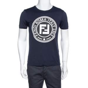 Fendi Navy Blue FF Logo Print Cotton Crew Neck T-Shirt S