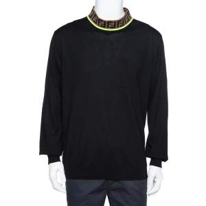 Fendi Black Wool Zucca Logo Collar Detail Jumper 3XL