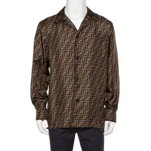 Fendi Brown Silk Zucca Monogram Button Front Shirt L
